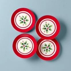 Cheapest 🤩 Lenox Holiday Handpaint Stripe 4-Piece Dessert Plate Set 💯