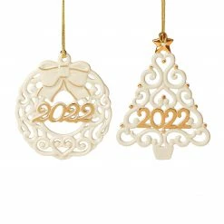 Outlet 🔥 Lenox 2022 Pierced Wreath & Tree Ornaments, S/2 🔥